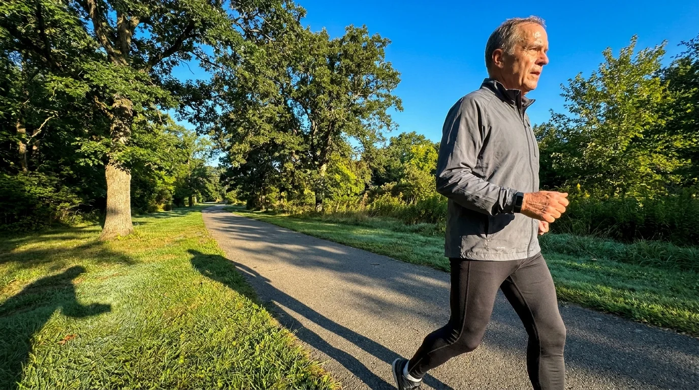 A man in his 60s walking briskly on a park path during a sunny morning, emphasizing mobility.