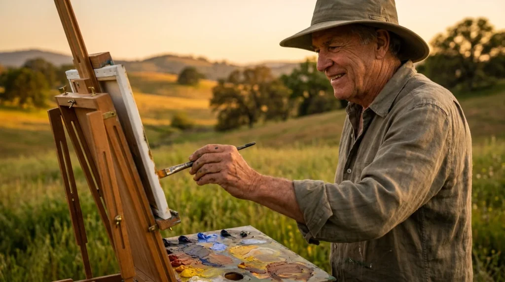 A man in his late 60s painting on a canvas in a meadow at sunset, symbolizing a vibrant and purposeful retirement.