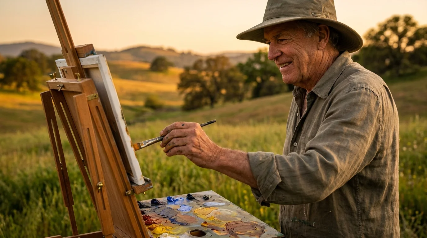 A man in his late 60s painting on a canvas in a meadow at sunset, symbolizing a vibrant and purposeful retirement.