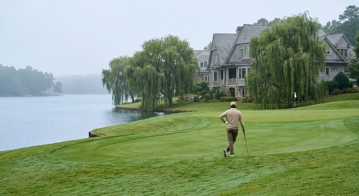 A manicured golf course fairway next to the calm waters of Lake Oconee, framed by weeping willow trees.
