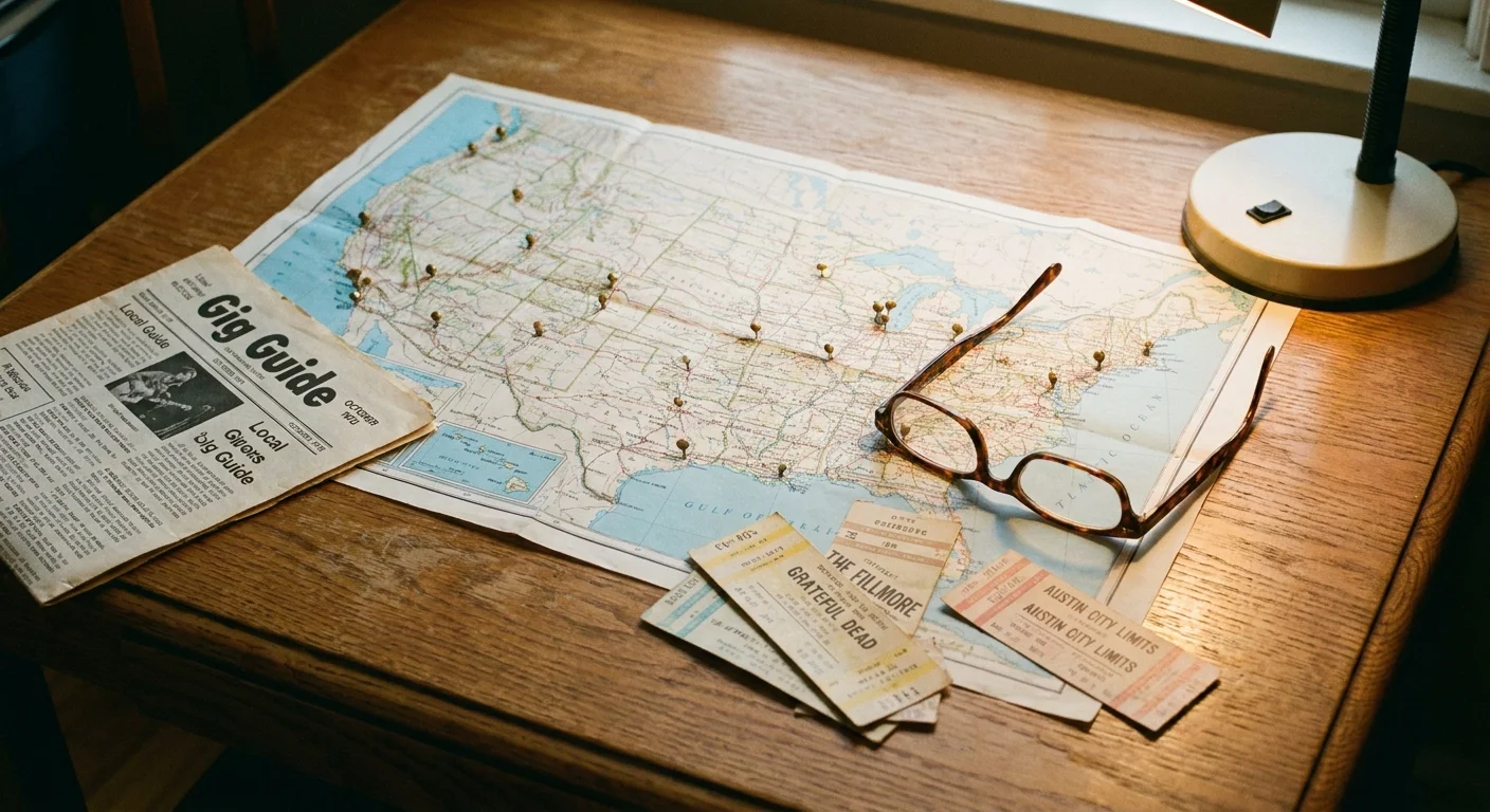 A map of the United States on a wooden table with concert tickets and pins marking music destinations.