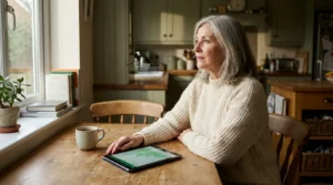 A mature woman sits thoughtfully at a sunlit kitchen table with a tablet, symbolizing a woman's proactive approach to retirement planning.