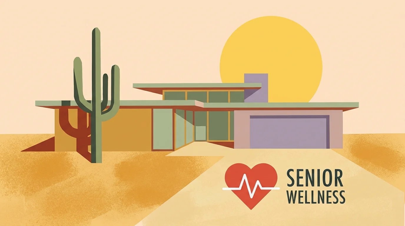 A minimalist gouache illustration of the Arizona desert with a wellness symbol, focusing on senior health and climate.