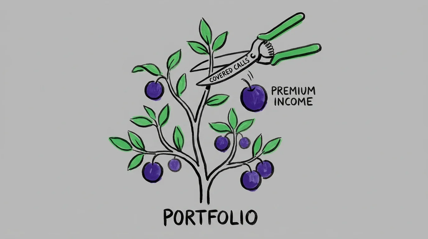A minimalist ink and gouache illustration of garden shears harvesting fruit from a plant, symbolizing covered call premiums.