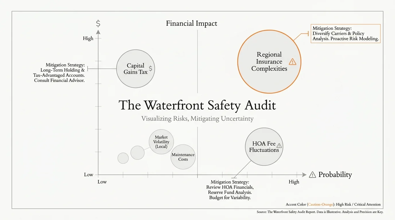 A minimalist risk-assessment chart plotting various financial and insurance risks for lakefront retirement.