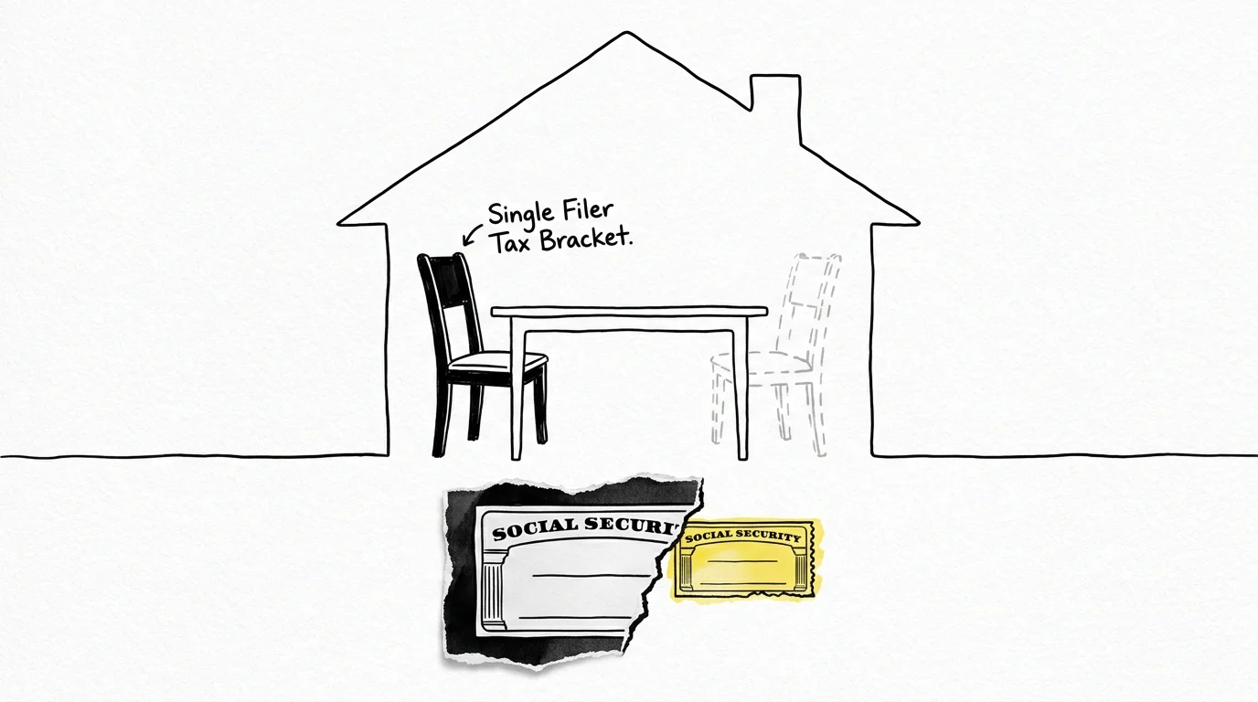 A minimalist sketch of two chairs, one fading away, representing the shift to a single-filer tax bracket after losing a spouse.