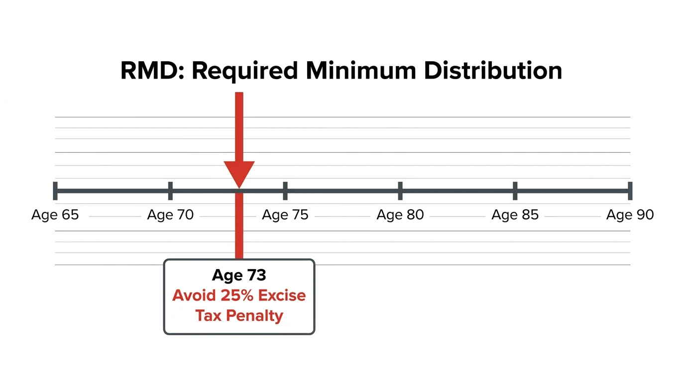 A minimalist timeline diagram highlighting the age 73 milestone for Required Minimum Distributions.