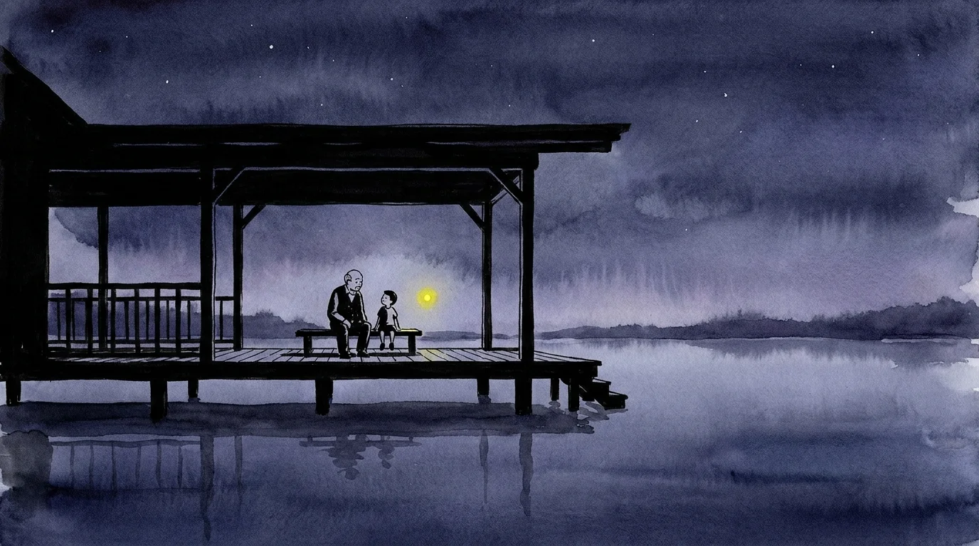 A minimalist watercolor silhouette of a grandparent and child sitting by a calm lake at dusk.