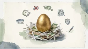 A mixed media collage of a golden egg in a nest of pension documents, surrounded by hand-drawn icons of financial risks.