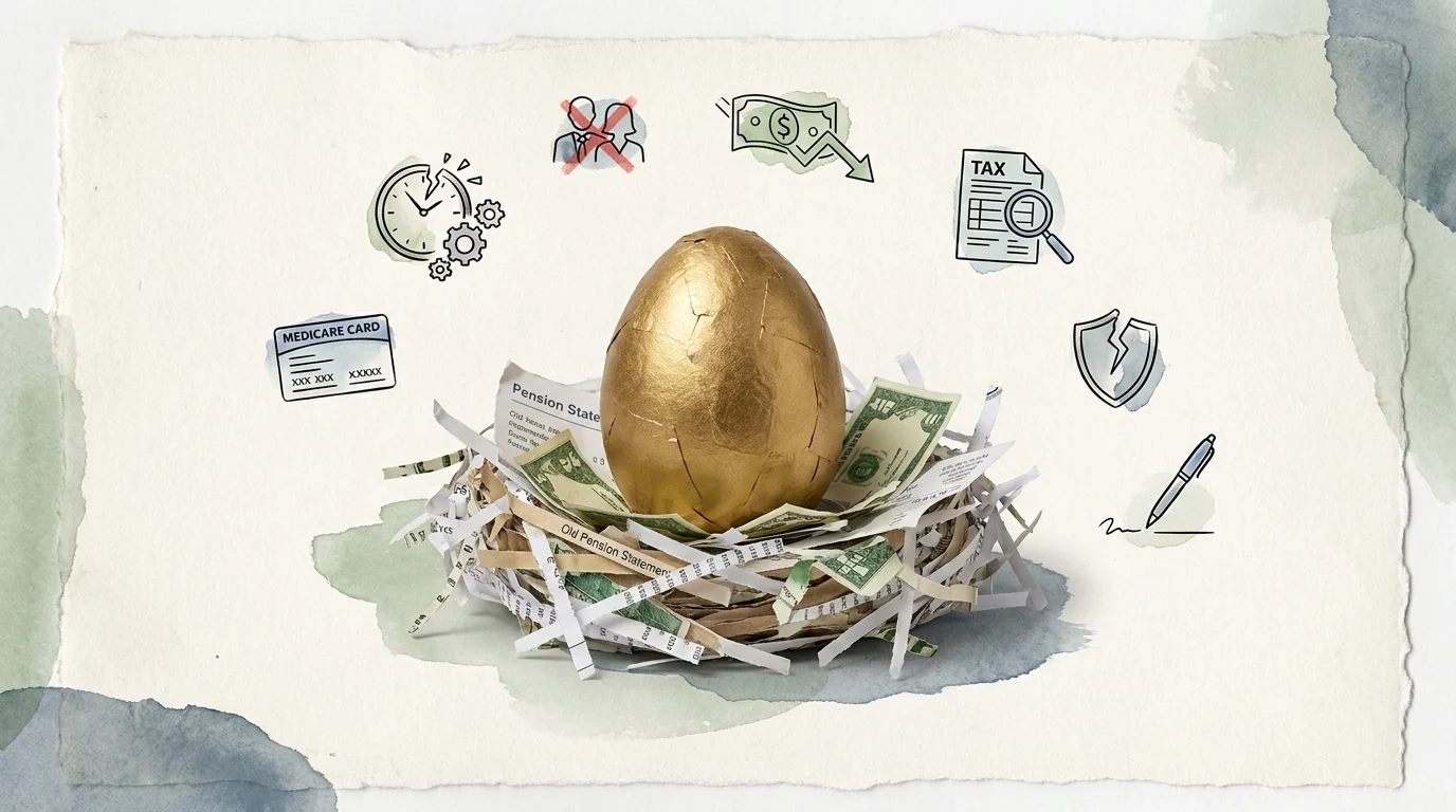 A mixed media collage of a golden egg in a nest of pension documents, surrounded by hand-drawn icons of financial risks.