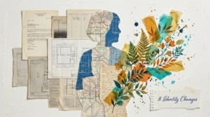 A mixed media collage of a person's silhouette transitioning from rigid blueprints to vibrant botanical paintings, representing identity cha