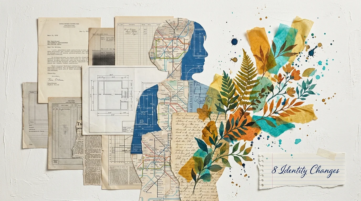 A mixed media collage of a person's silhouette transitioning from rigid blueprints to vibrant botanical paintings, representing identity cha