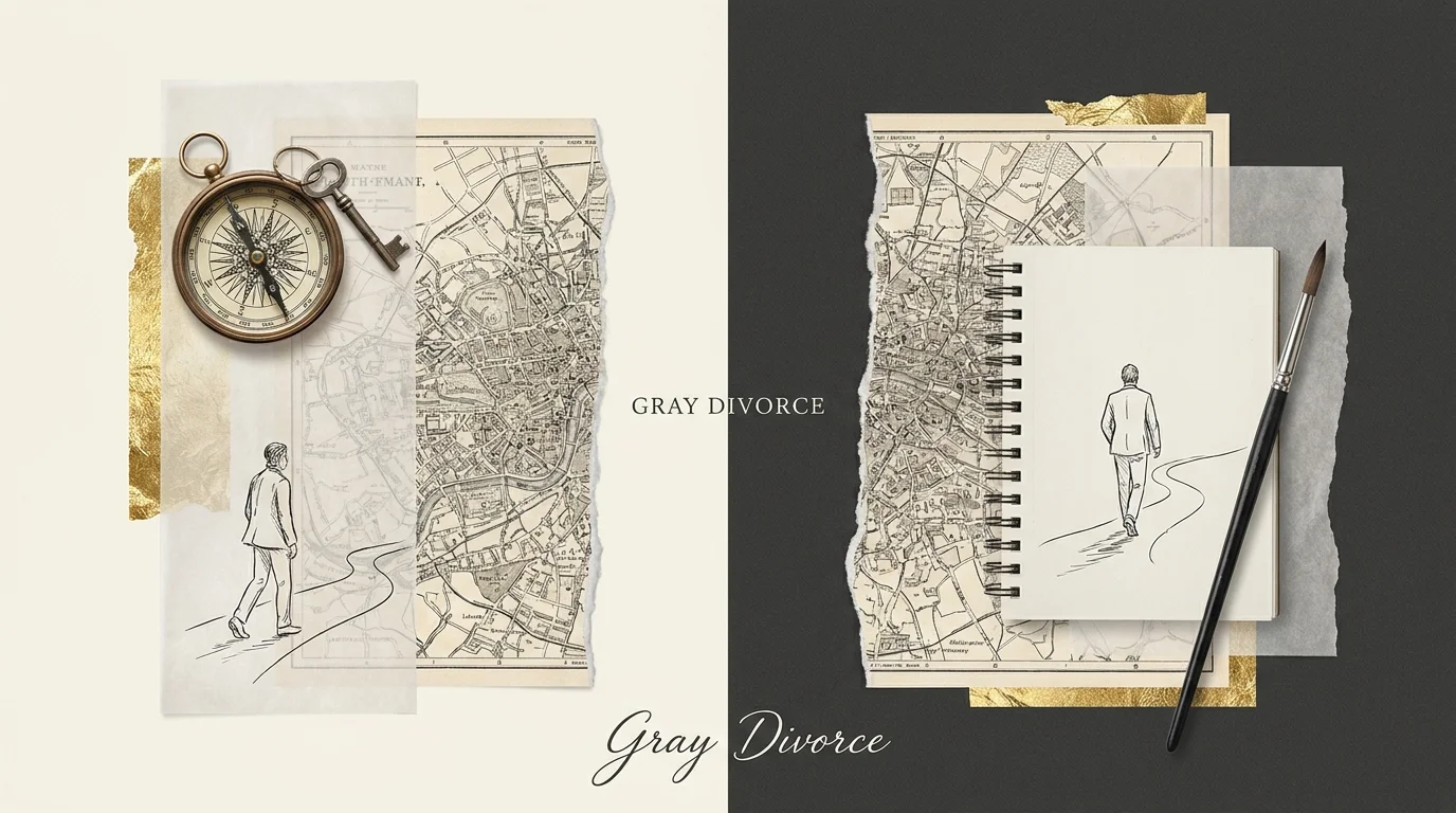 A mixed-media collage showing a torn vintage map evolving into two separate, fulfilling life paths.