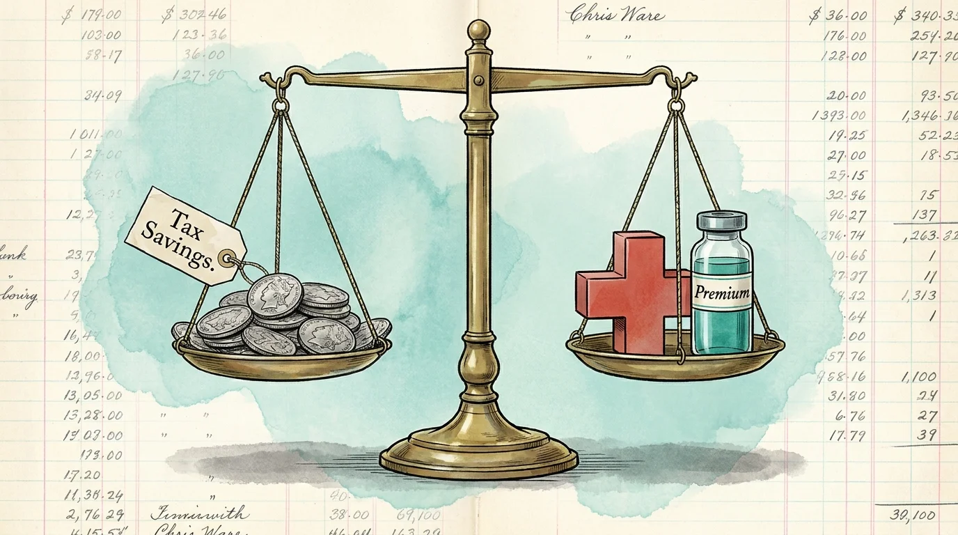 A mixed media illustration of a brass scale balancing 'Tax Savings' against 'Healthcare Premiums' over a ledger paper background.