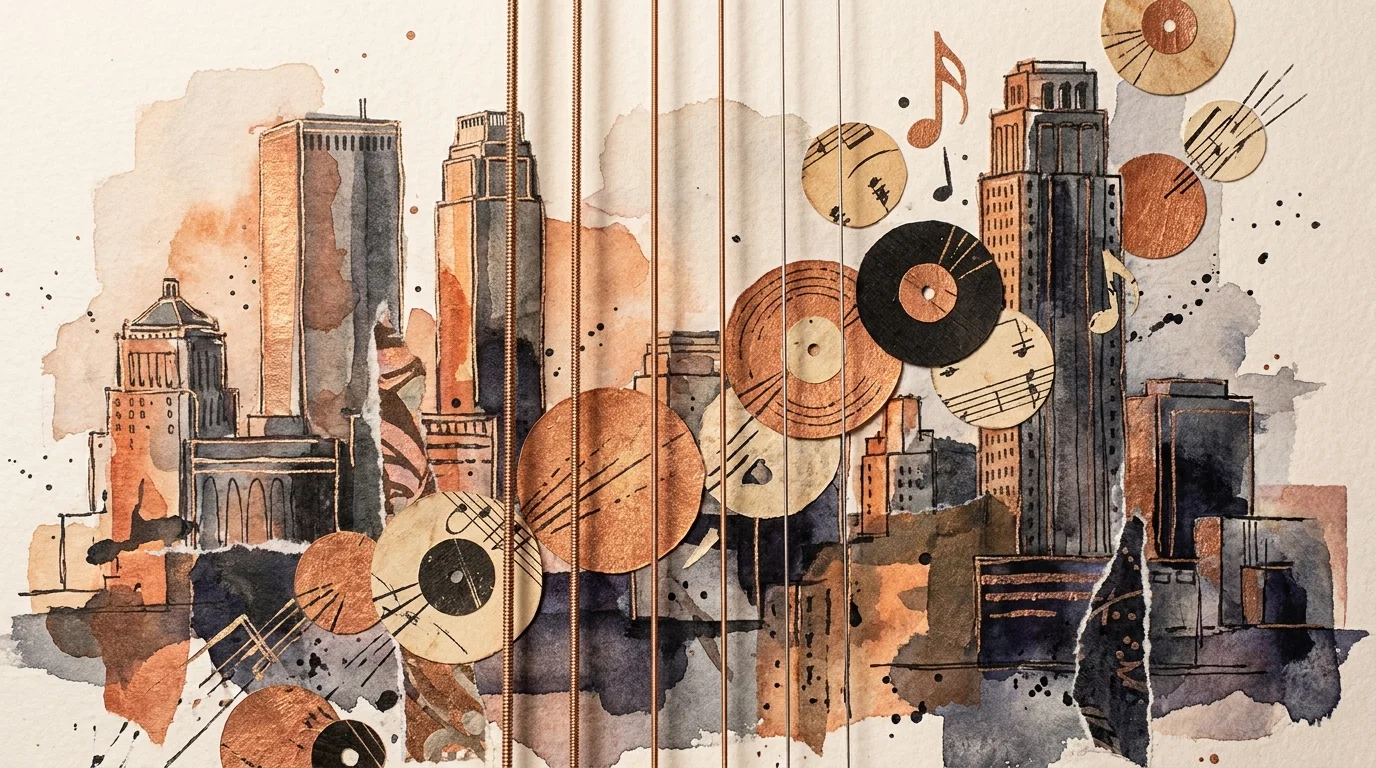 A mixed-media illustration of the Tulsa skyline with guitar strings and musical notes integrated into the design.