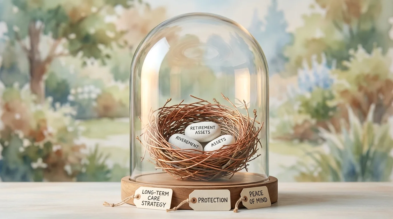 A mixed media image of a delicate nest inside a protective glass jar, symbolizing the protection of retirement assets from healthcare costs.