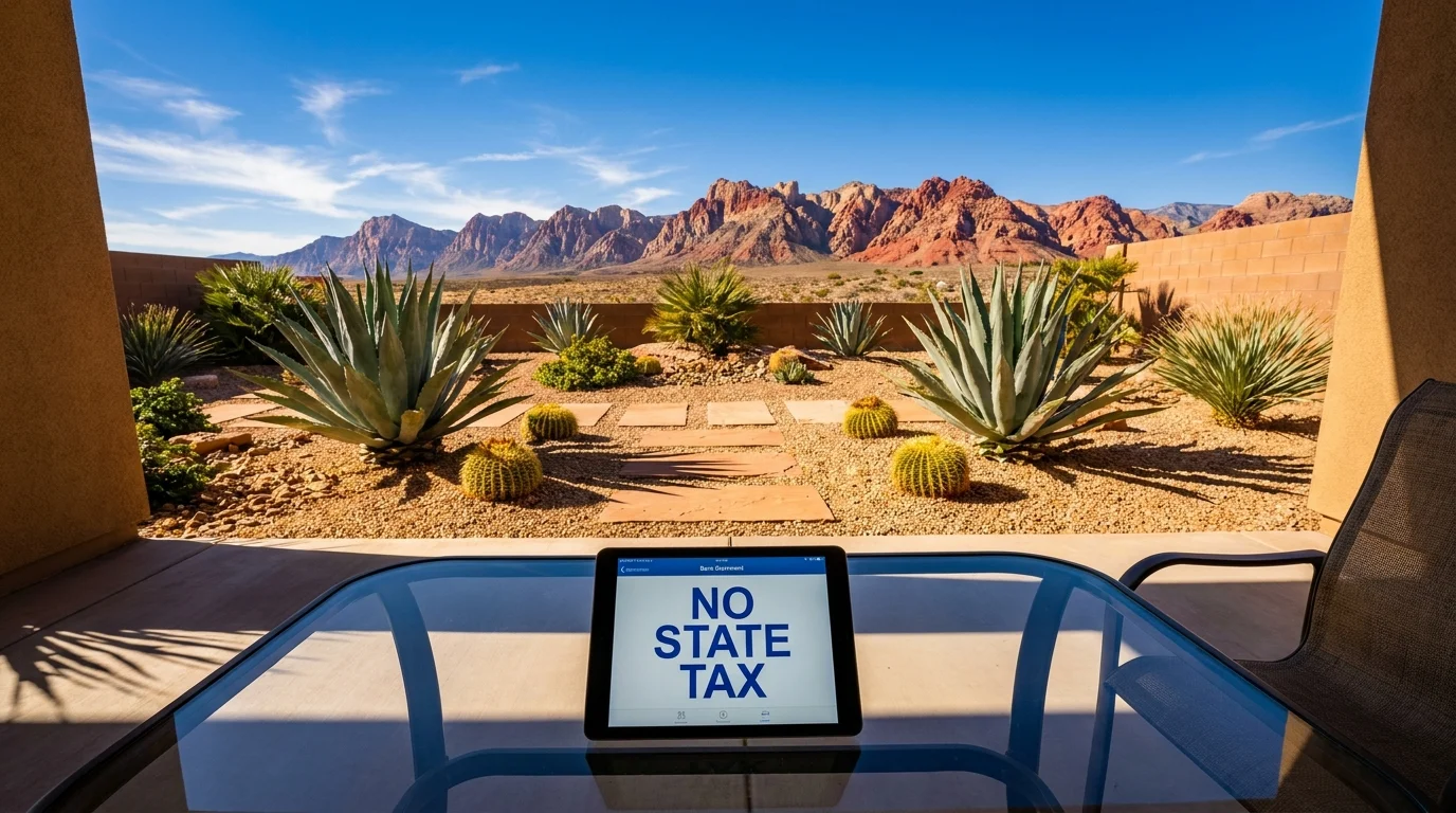 A modern desert home in Nevada with a mountain view, focusing on the financial benefits of tax-free living.