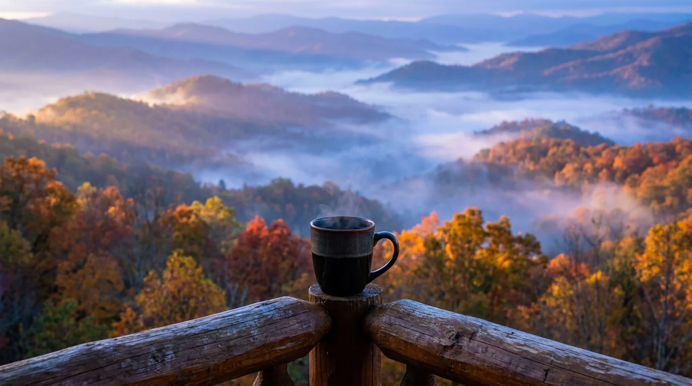 A morning view of the smoky mountains from a balcony in Tennessee, emphasizing the scenic and tax-free lifestyle.