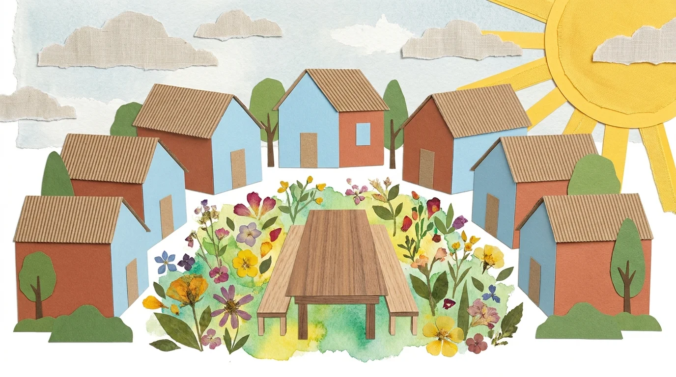 A paper-cut collage showing a circle of small modern homes around a shared central garden.