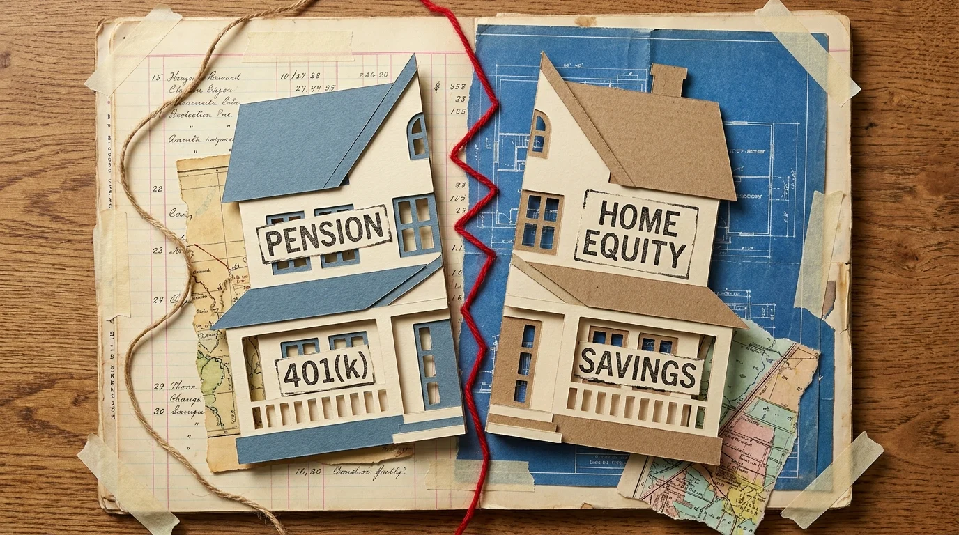 A paper-cut collage showing a house and financial assets being split in two, representing the impact of gray divorce.