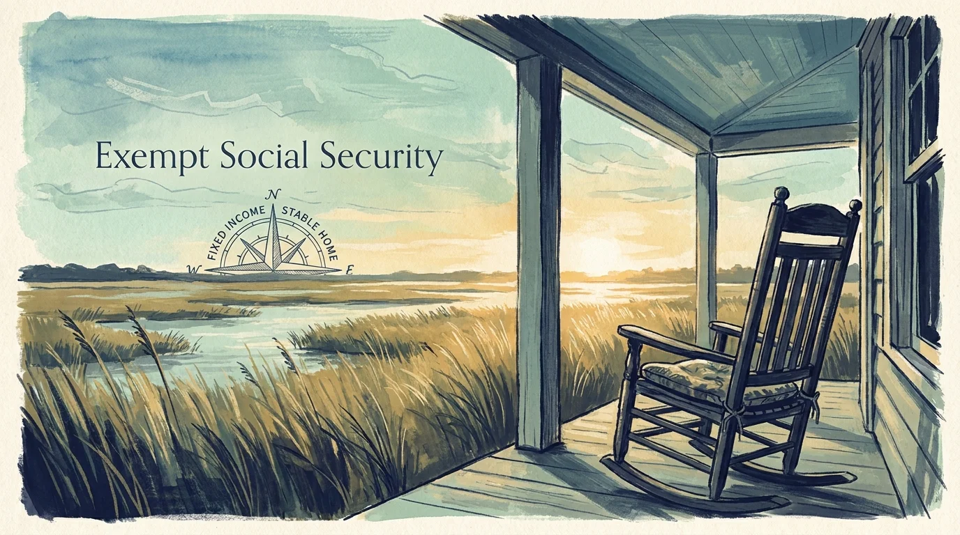 A peaceful gouache illustration of a South Carolina marsh view from a porch, featuring text about tax-exempt social security.