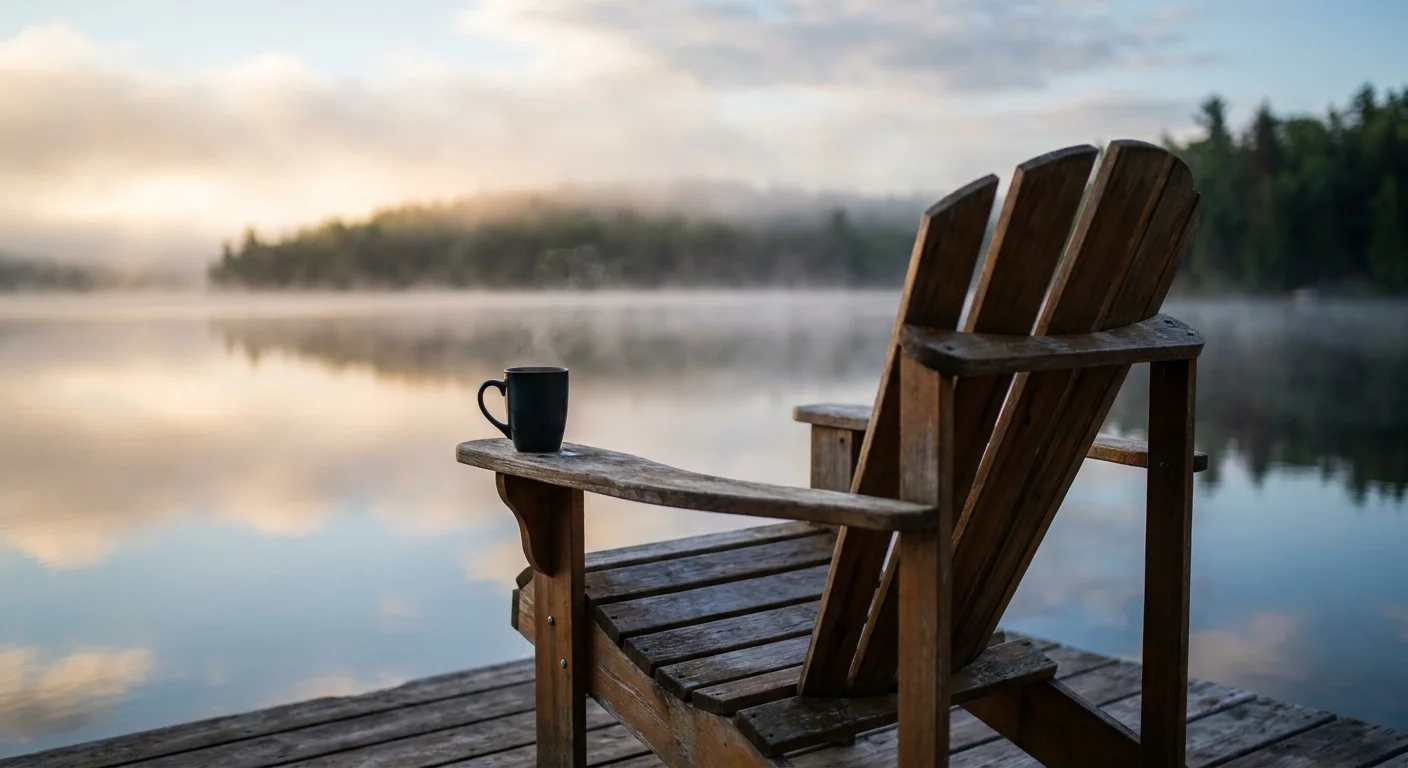 A peaceful morning view of a wooden dock with an Adirondack chair and coffee mug overlooking a misty lake at sunrise.
