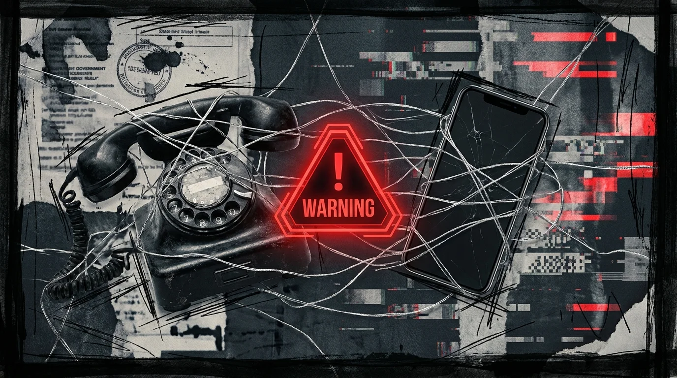A phone caught in a metallic web with a red warning light, symbolizing the danger of Social Security scams.