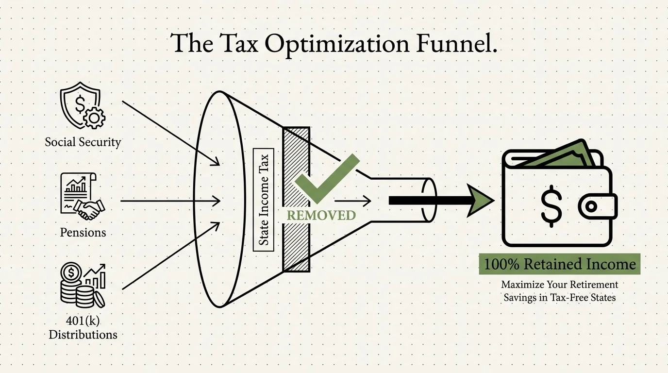 A professional diagram showing how moving to certain states removes the state income tax barrier from retirement distributions.
