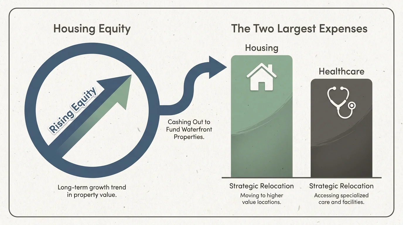 A professional diagram showing the relationship between rising housing equity and the major expenses of housing and healthcare in retirement