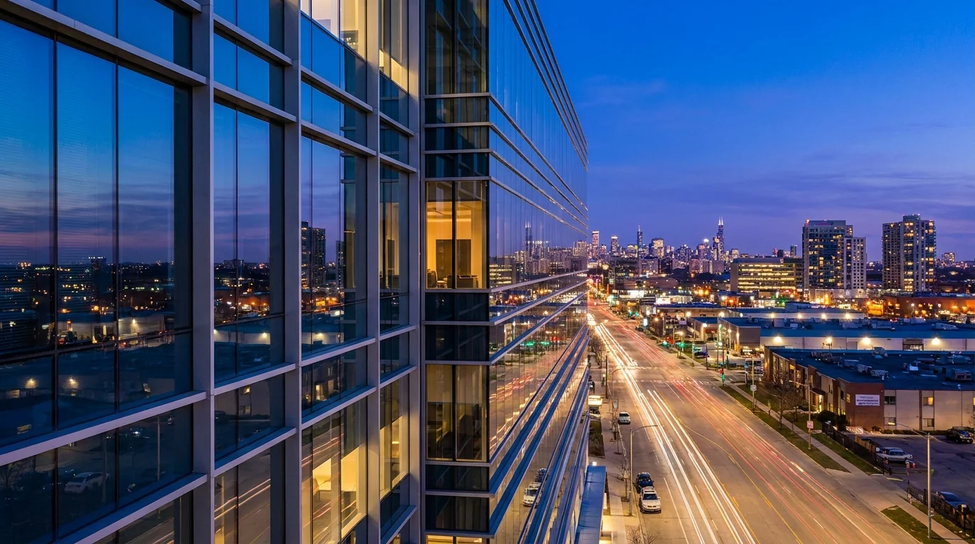 A professional evening photograph of a modern city skyline, representing the commercial properties held in a REIT.