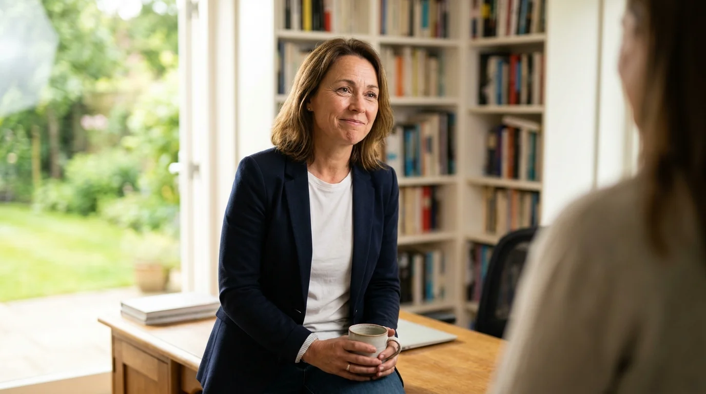 A professional female wealth manager in a warm home office, representing expert financial guidance.