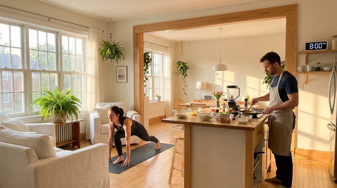 A retired couple occupies different areas of their home in the morning, one doing yoga while the other prepares breakfast.