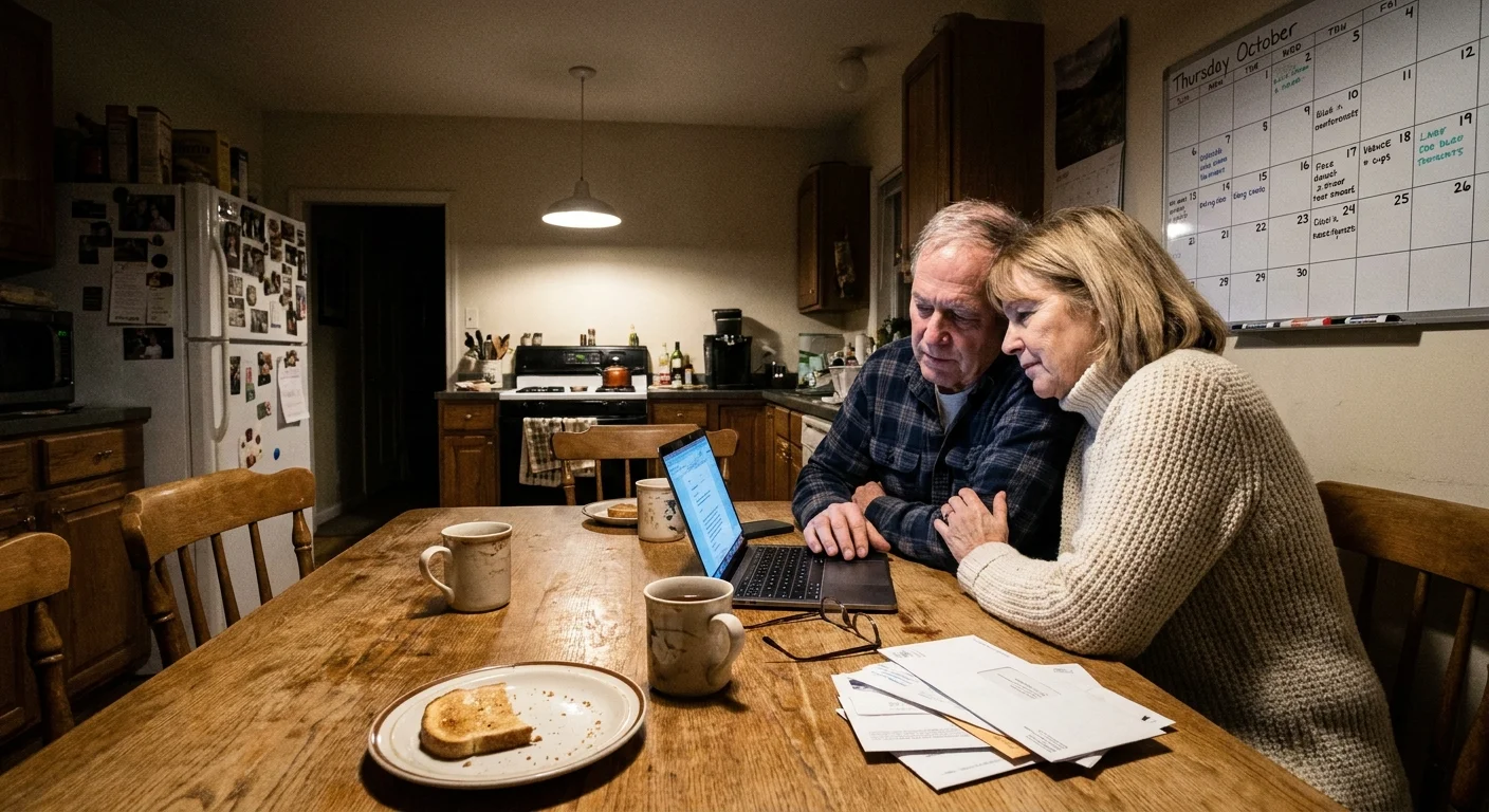 A retired couple sits at their kitchen table in the evening, leaning together to look at a calendar and laptop in a cozy, lived-in home.