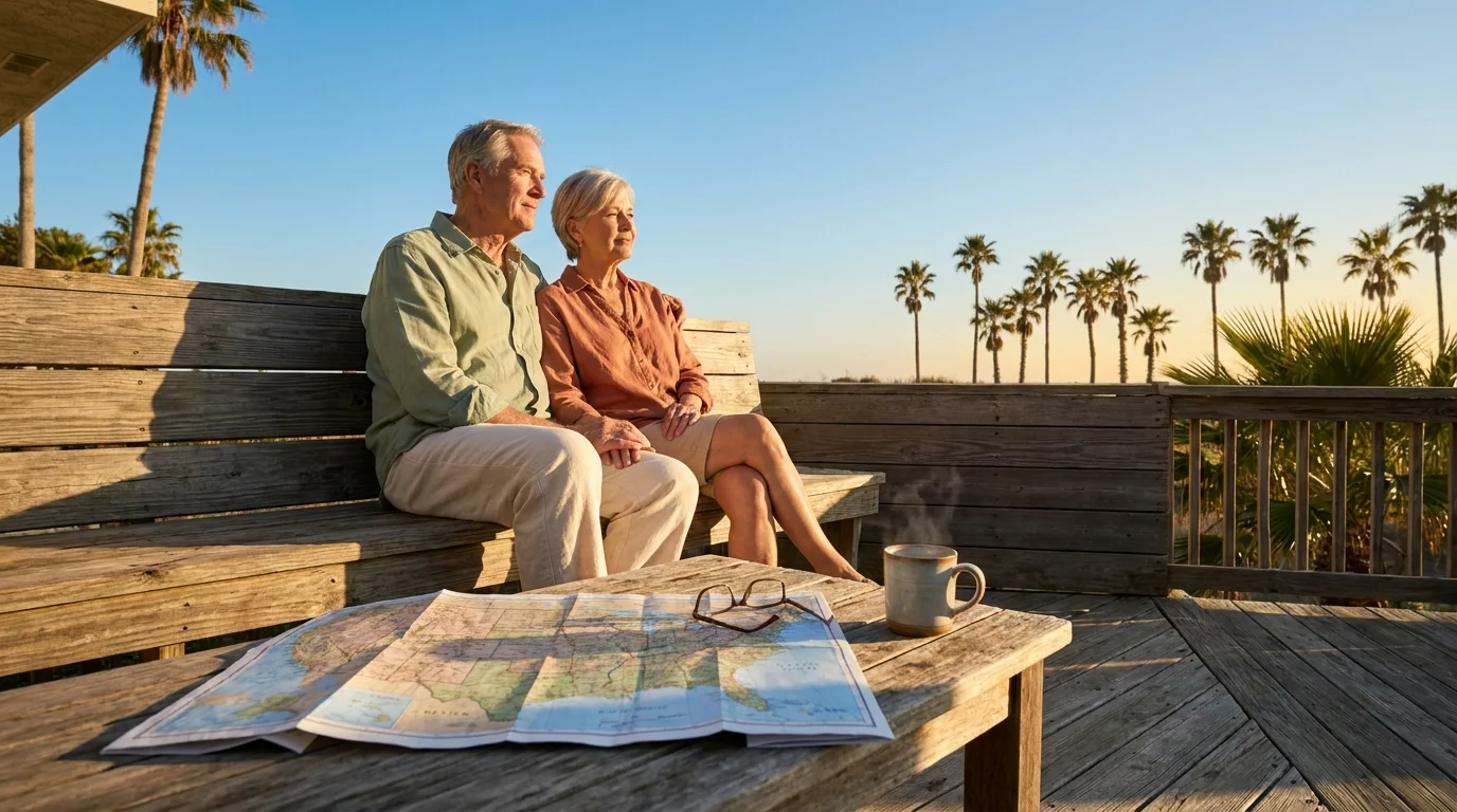A retired couple sits on a sunny porch looking at a map of the Southern US, representing a strategic move to a warmer state.