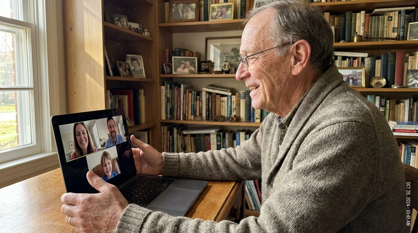 A retired professional conducts a consulting session via video call from his home library.