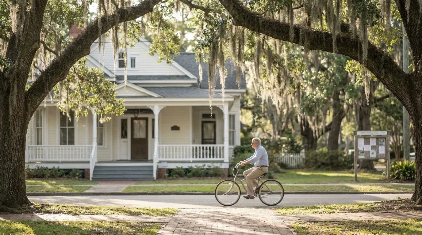 A retiree cycles down a quiet, tree-lined street in a historic Georgia town, representing the state's peaceful lifestyle.