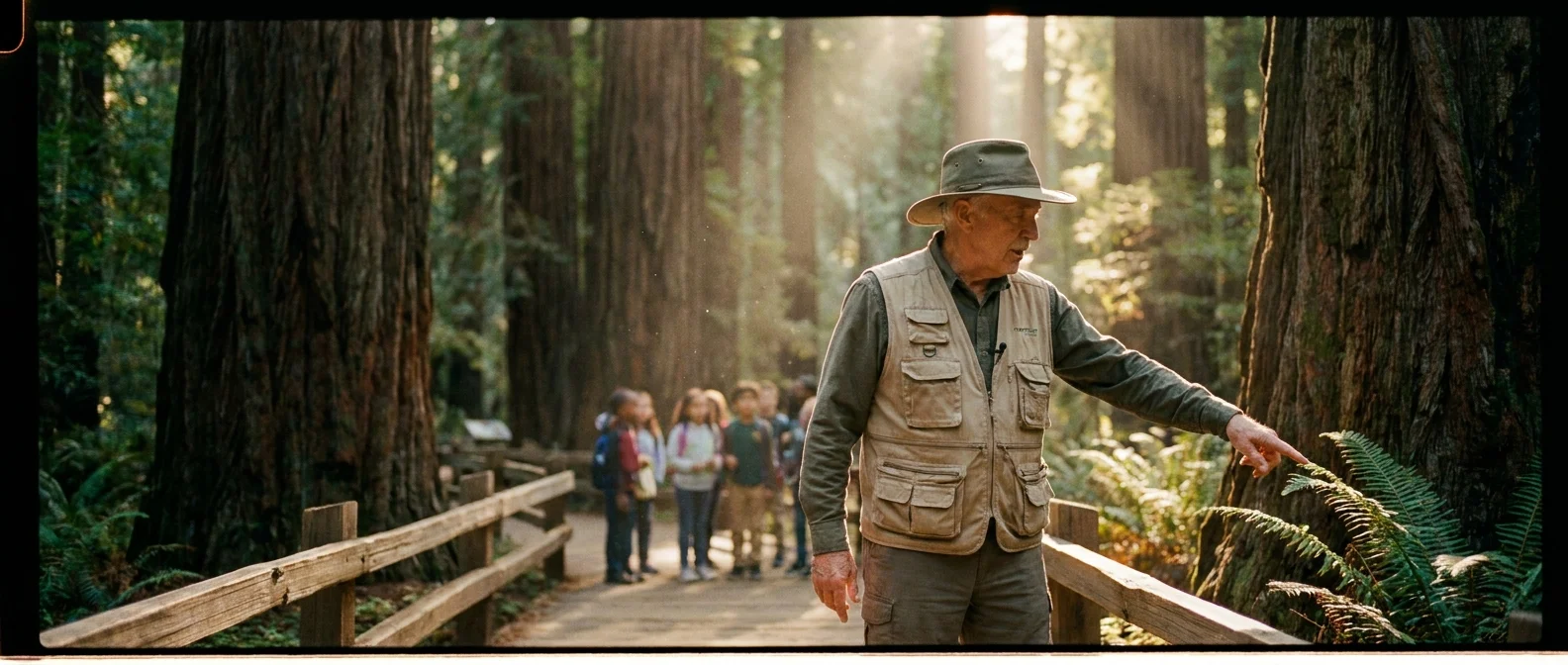 A retiree working as a park guide leads a nature walk through a sunlit redwood forest.
