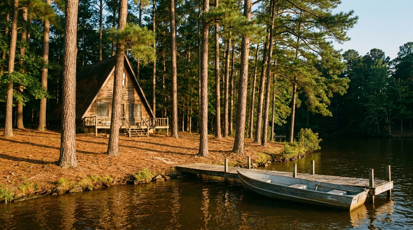 A rustic cabin and fishing boat among pine trees on the shore of Lake Martin at golden hour.