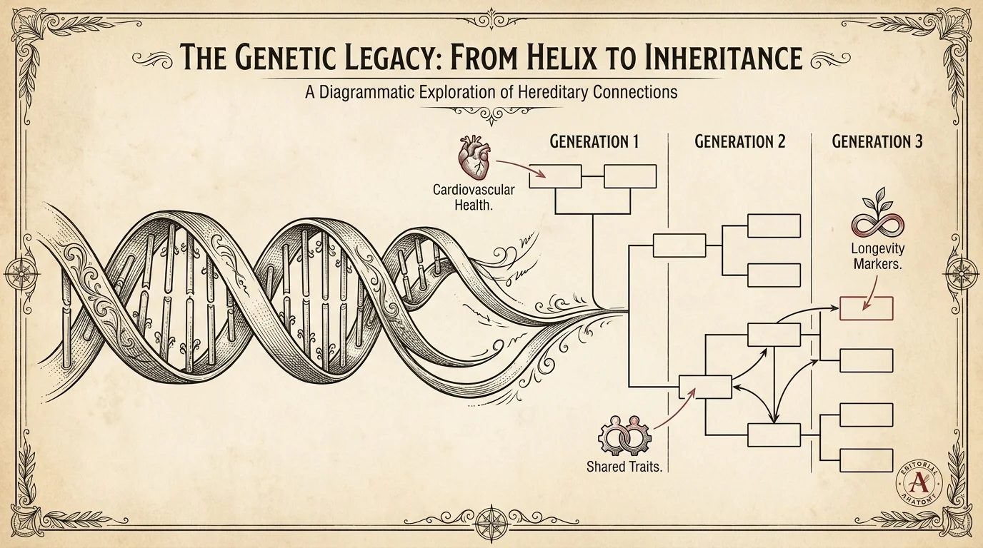 A scientific diagram connecting a DNA helix to a family tree, illustrating shared medical history.