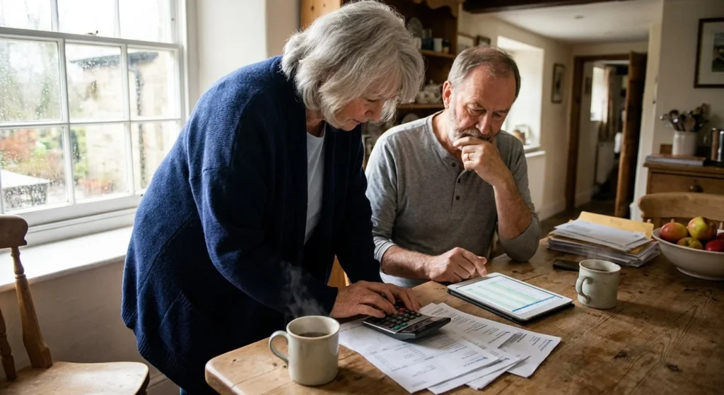 A senior couple at their kitchen table reviewing financial documents and a tablet together in soft natural light.