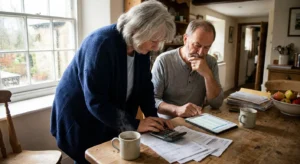 A senior couple at their kitchen table reviewing financial documents and a tablet together in soft natural light.