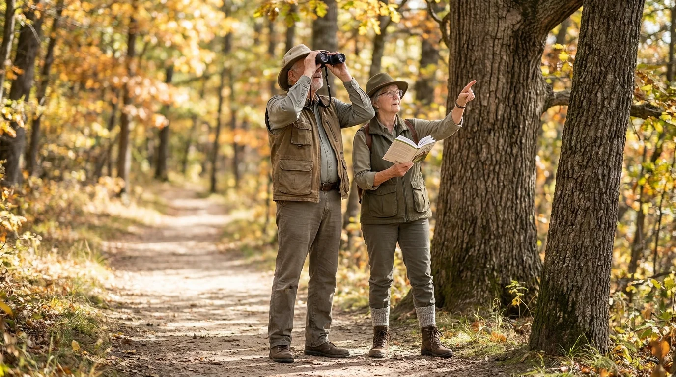 A senior couple birdwatching with binoculars on a scenic forest trail with autumn leaves.