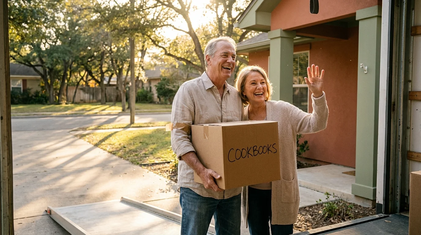 A senior couple cheerfully unpacks boxes at their new home during sunset, waving to a neighbor in a sunlit, tree-lined neighborhood.