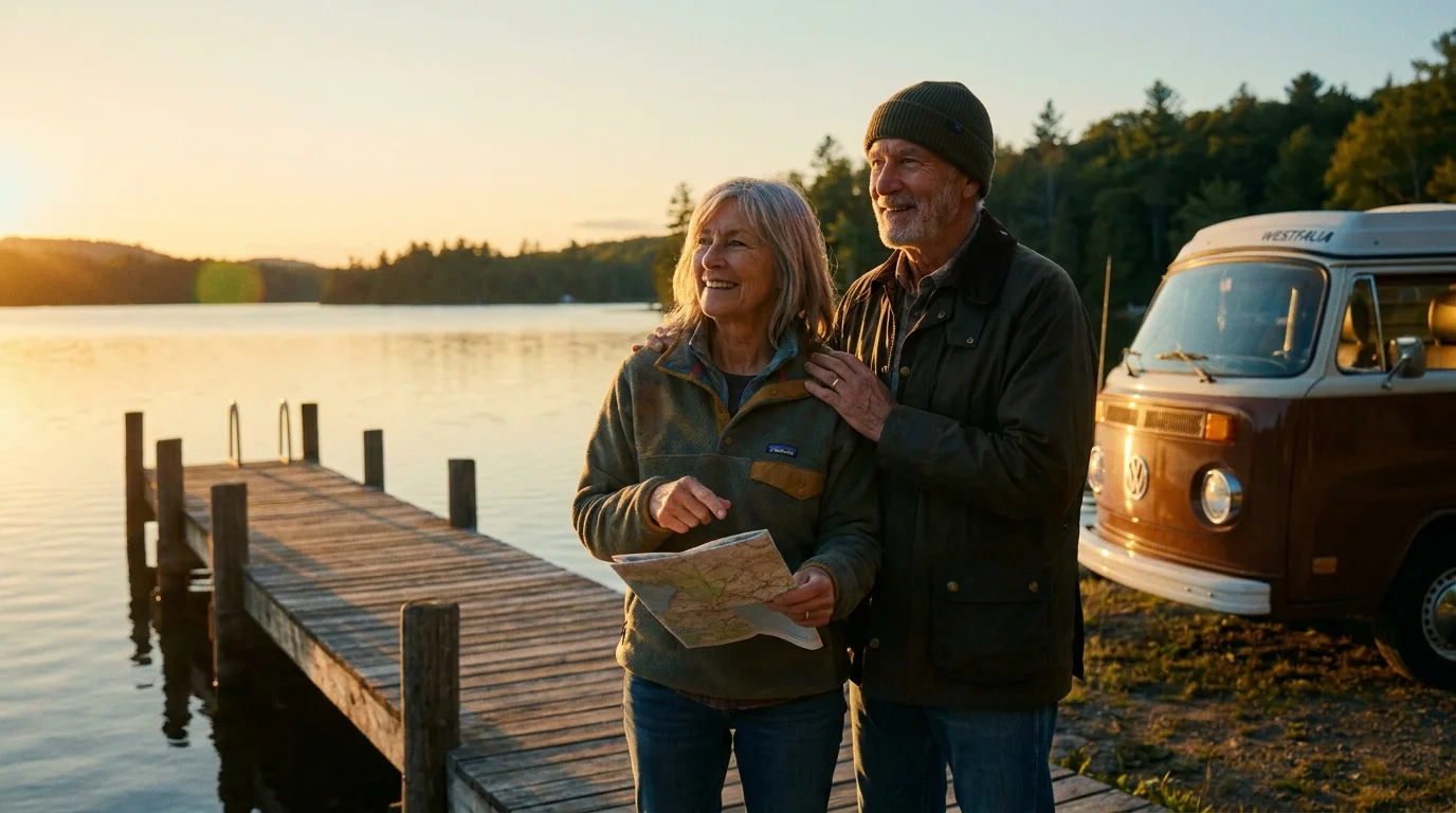 A senior couple enjoys a sunset by a lake, representing the lifestyle freedom of a flexible budget.