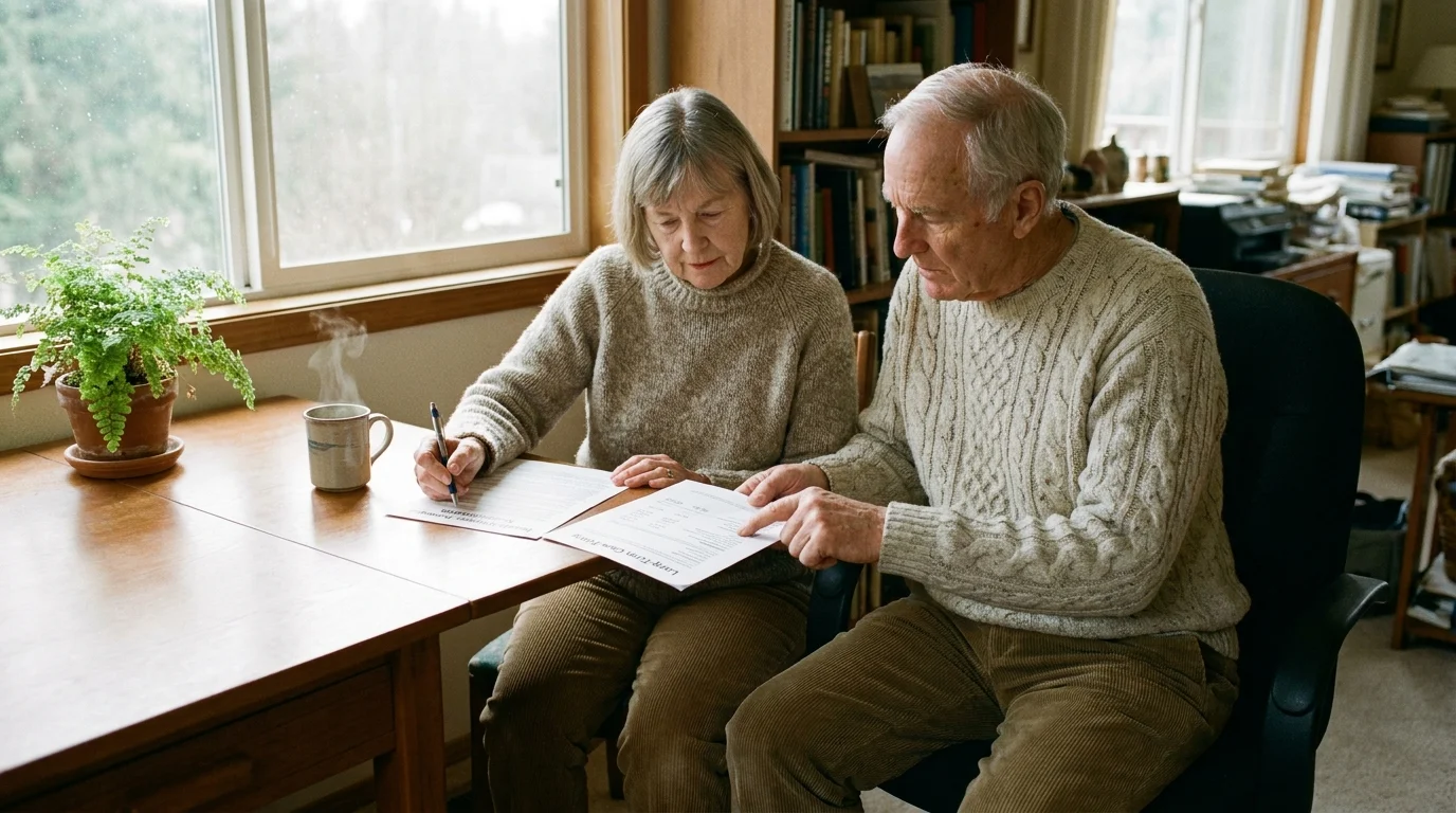 A senior couple in a home office reviewing Health Savings Account and Long-Term Care documents in soft morning light.