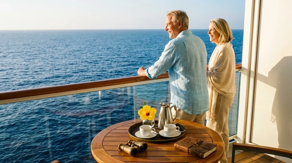 A senior couple relaxes on a luxury cruise ship balcony overlooking the deep blue ocean during a sunny morning.