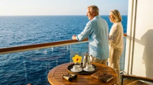 A senior couple relaxes on a luxury cruise ship balcony overlooking the deep blue ocean during a sunny morning.