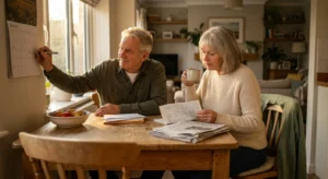 A senior couple sits at a sunlit kitchen table, thoughtfully reviewing a calendar and financial documents together.