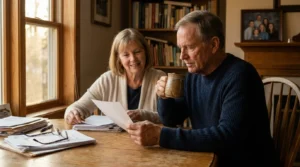 A senior couple sits at their kitchen table with paperwork, engaged in a serious but calm discussion about their retirement planning.
