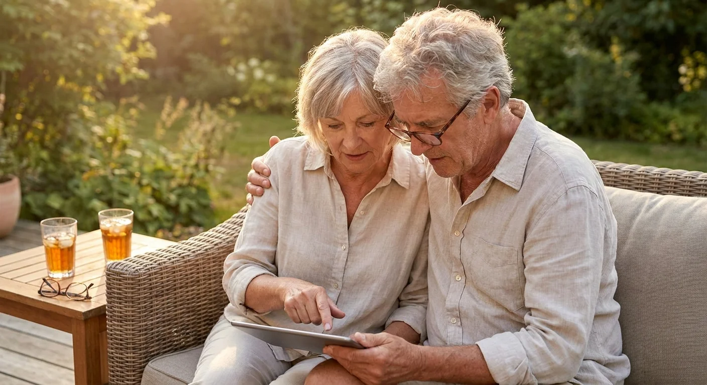 A senior couple sits together on a patio, looking at a tablet screen to plan their shared household benefits.